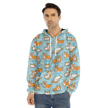 Happy Corgi Pattern Print Men's Velvet Pullover Hoodie