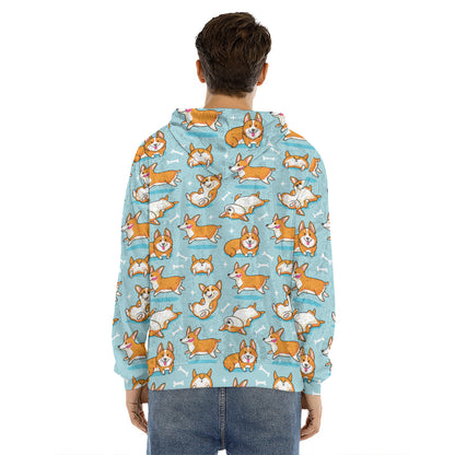 Happy Corgi Pattern Print Men's Velvet Pullover Hoodie