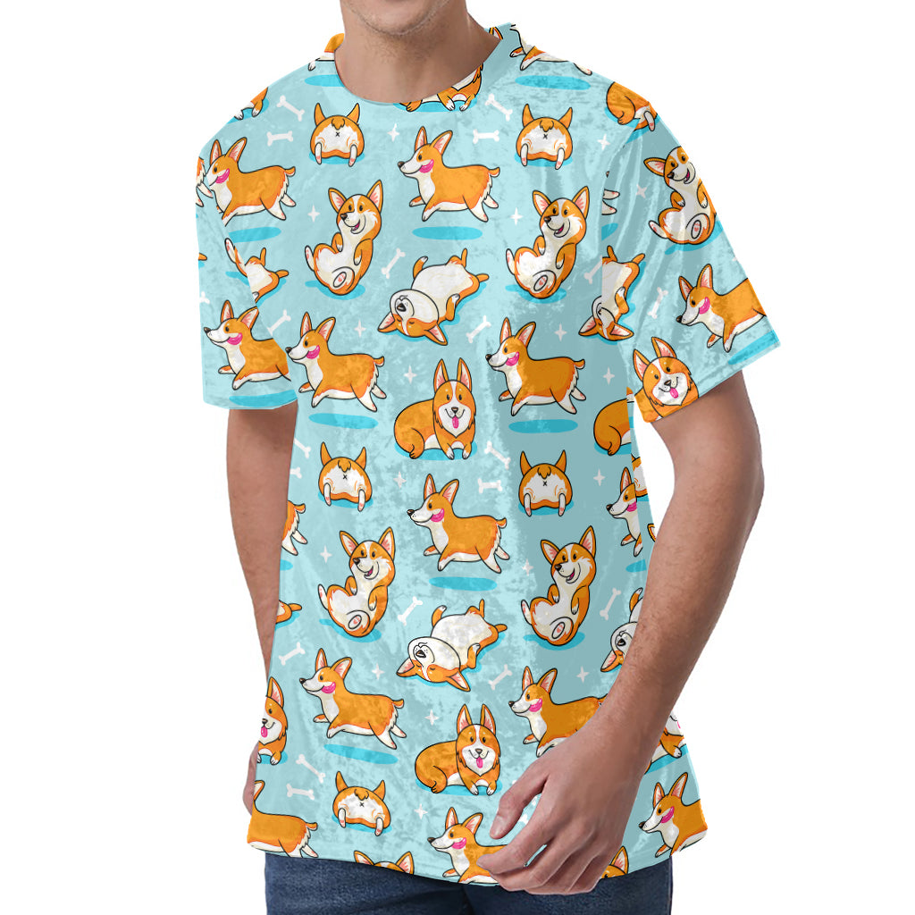 Happy Corgi Pattern Print Men's Velvet T-Shirt