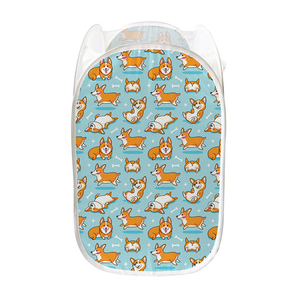 Happy Corgi Pattern Print Mesh Laundry Hamper