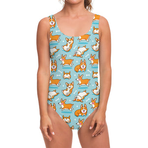 Happy Corgi Pattern Print One Piece Swimsuit