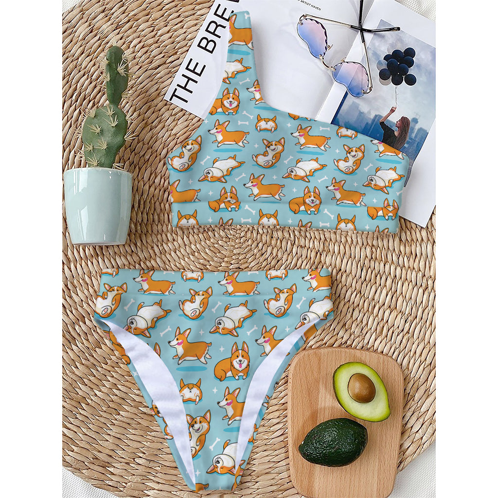 Happy Corgi Pattern Print One Shoulder Bikini Top