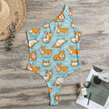 Happy Corgi Pattern Print One Shoulder Bodysuit