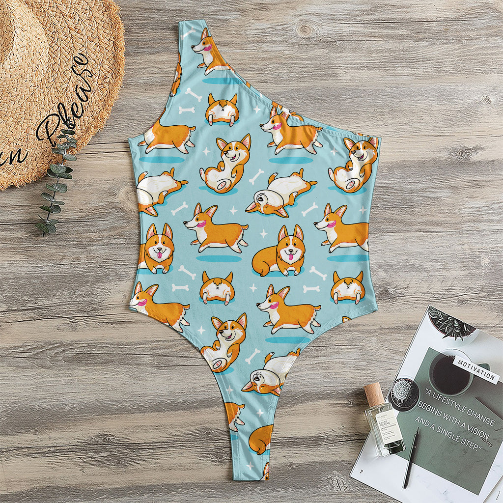 Happy Corgi Pattern Print One Shoulder Bodysuit