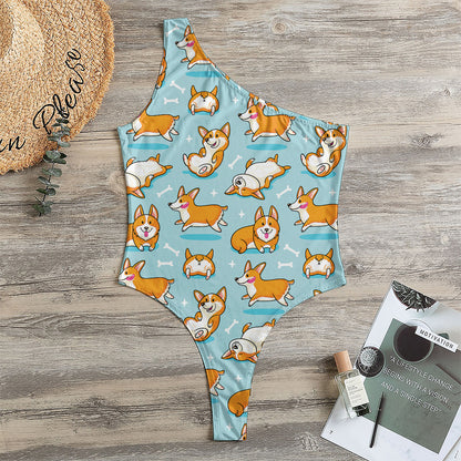 Happy Corgi Pattern Print One Shoulder Bodysuit