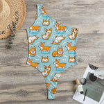 Happy Corgi Pattern Print One Shoulder Bodysuit