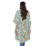 Happy Corgi Pattern Print Open Front Beach Cover Up