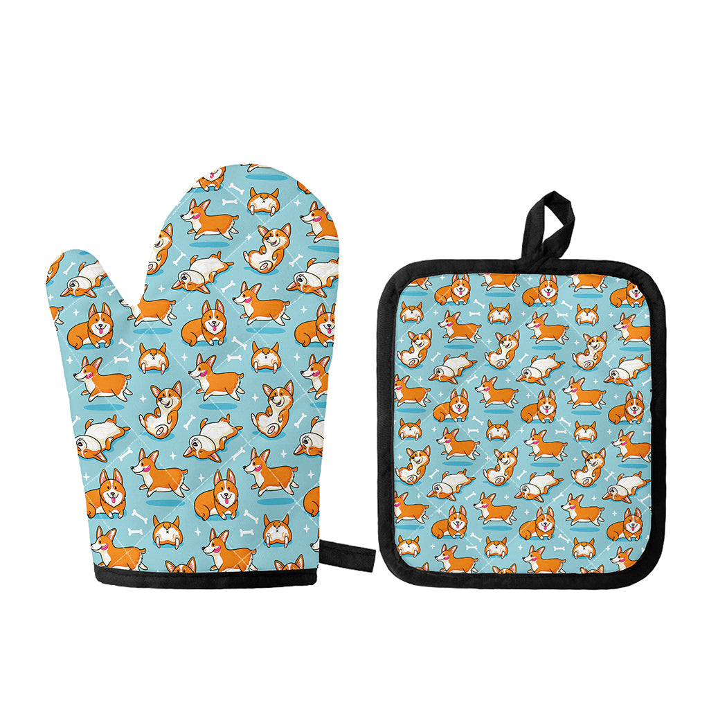 Happy Corgi Pattern Print Oven Mitt And Pot Holder Set