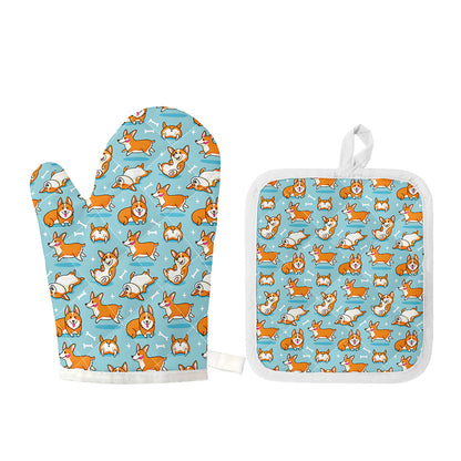 Happy Corgi Pattern Print Oven Mitt And Pot Holder Set