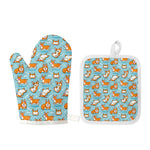 Happy Corgi Pattern Print Oven Mitt And Pot Holder Set