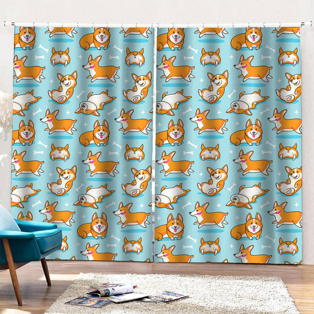 Happy Corgi Pattern Print Pencil Pleat Curtains