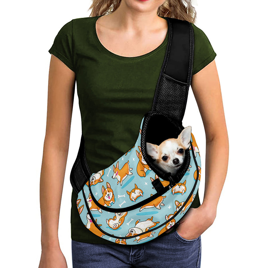 Happy Corgi Pattern Print Pet Sling Carrier