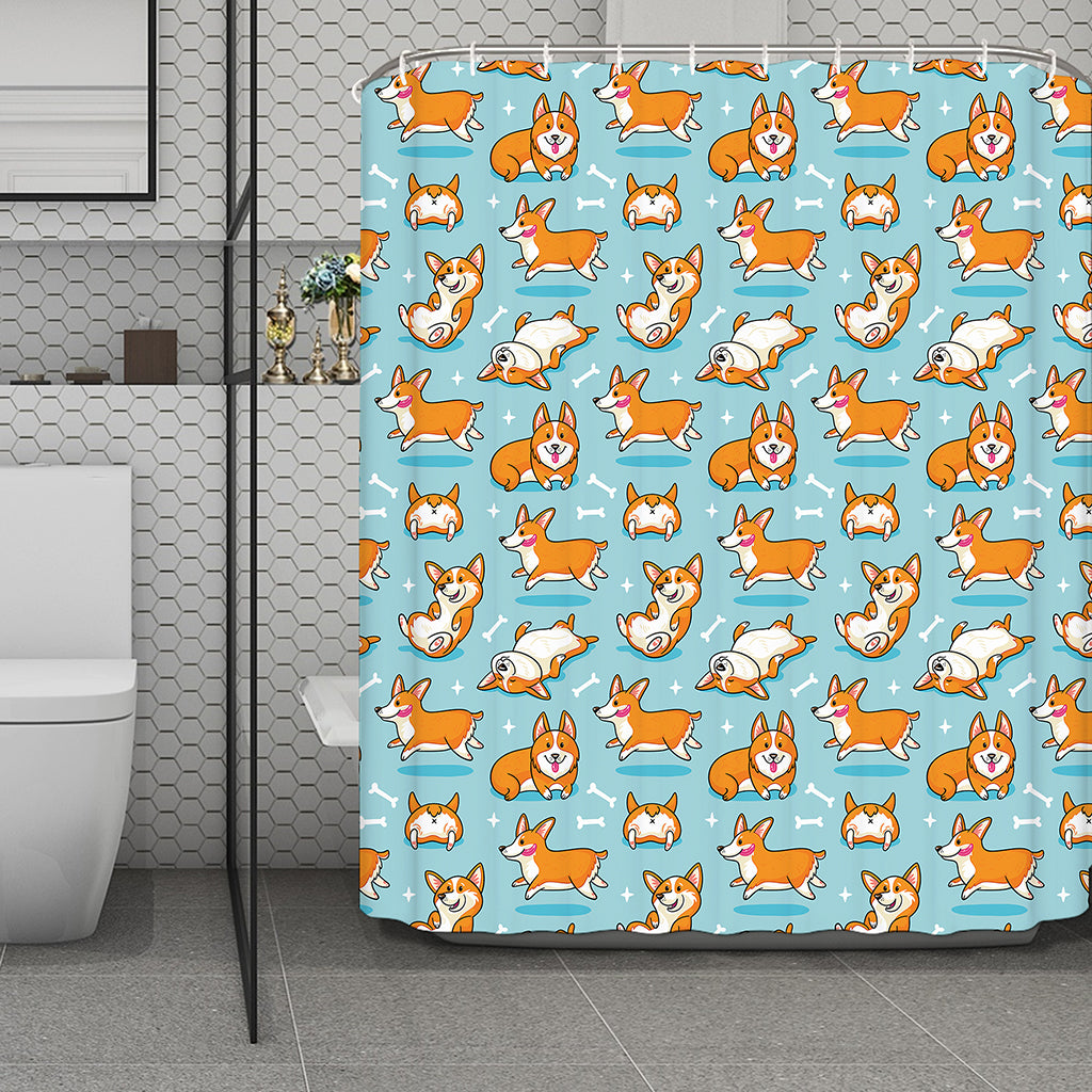 Happy Corgi Pattern Print Polyester Shower Curtain