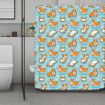 Happy Corgi Pattern Print Polyester Shower Curtain