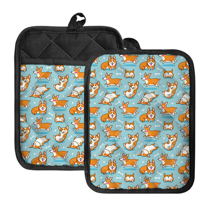 Happy Corgi Pattern Print Pot Holders With Pocket