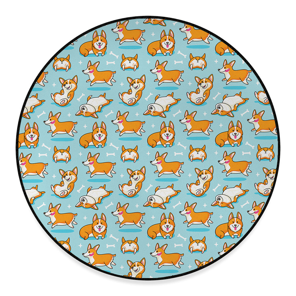 Happy Corgi Pattern Print Round Floor Mat