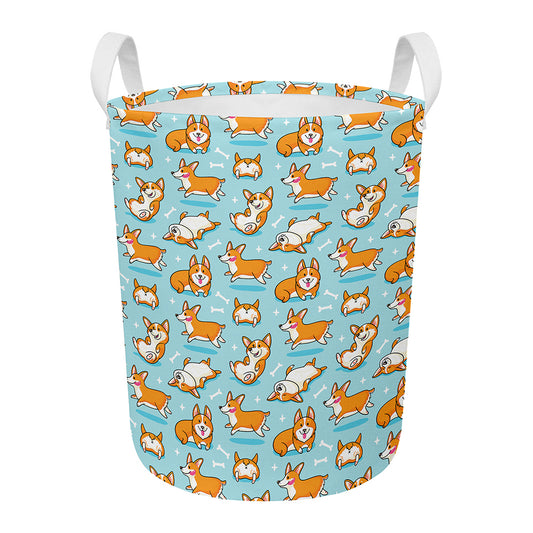 Happy Corgi Pattern Print Round Laundry Basket