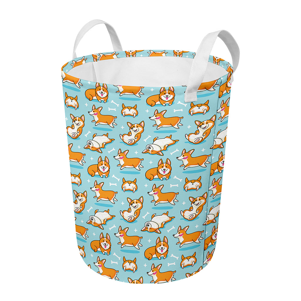 Happy Corgi Pattern Print Round Laundry Basket