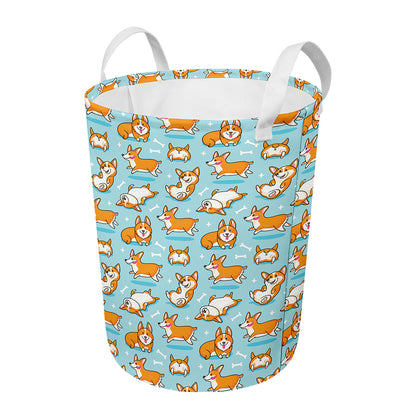 Happy Corgi Pattern Print Round Laundry Basket