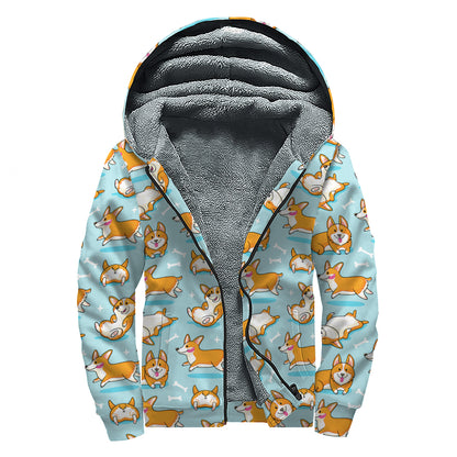 Happy Corgi Pattern Print Sherpa Lined Zip Up Hoodie