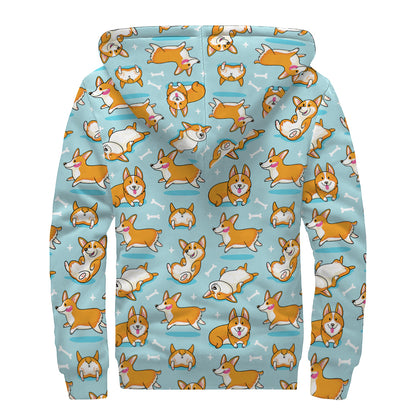 Happy Corgi Pattern Print Sherpa Lined Zip Up Hoodie