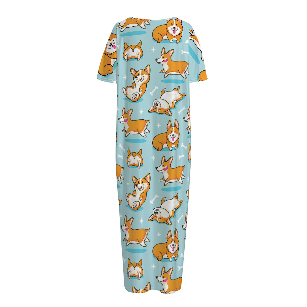 Happy Corgi Pattern Print Short Sleeve Long Nightdress