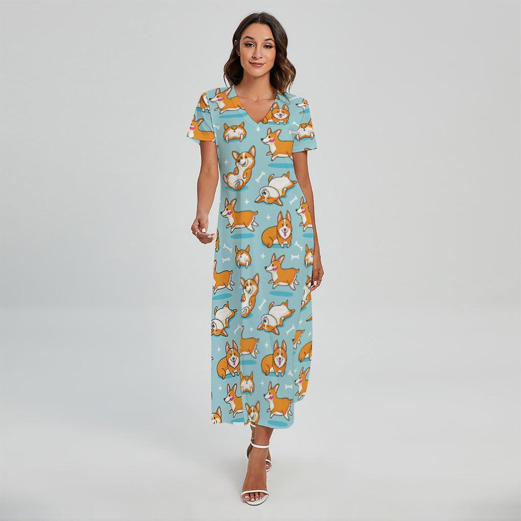 Happy Corgi Pattern Print Short Sleeve Maxi Dress