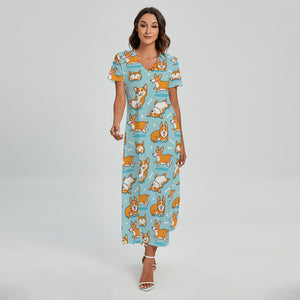 Happy Corgi Pattern Print Short Sleeve Maxi Dress