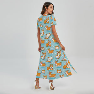 Happy Corgi Pattern Print Short Sleeve Maxi Dress