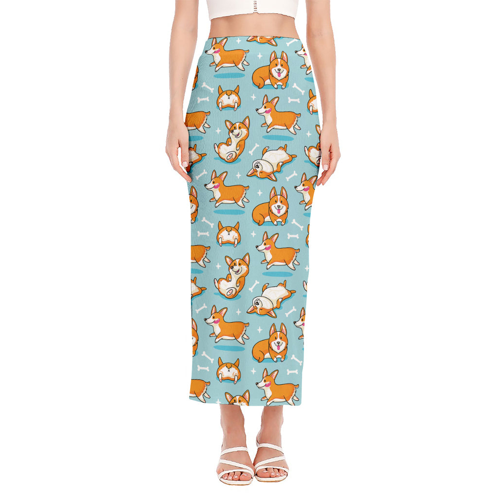 Happy Corgi Pattern Print Side Slit Maxi Skirt