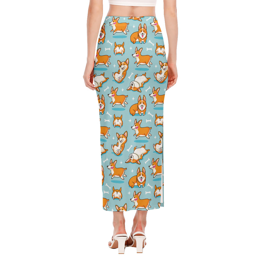 Happy Corgi Pattern Print Side Slit Maxi Skirt