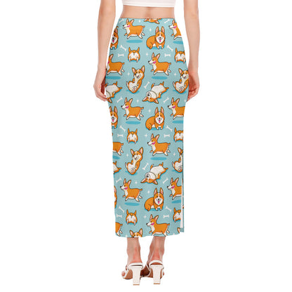 Happy Corgi Pattern Print Side Slit Maxi Skirt