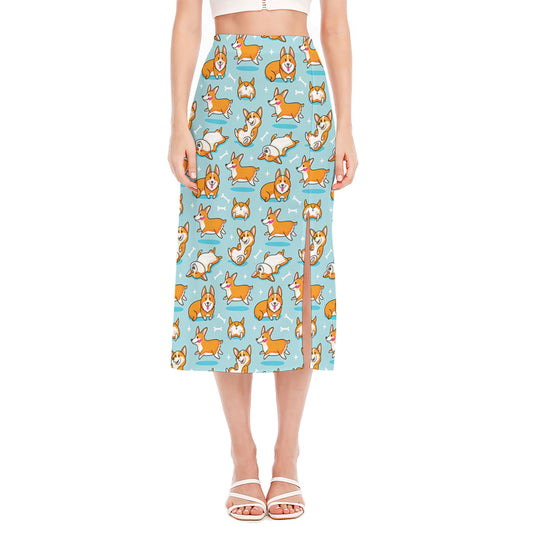 Happy Corgi Pattern Print Side Slit Midi Skirt