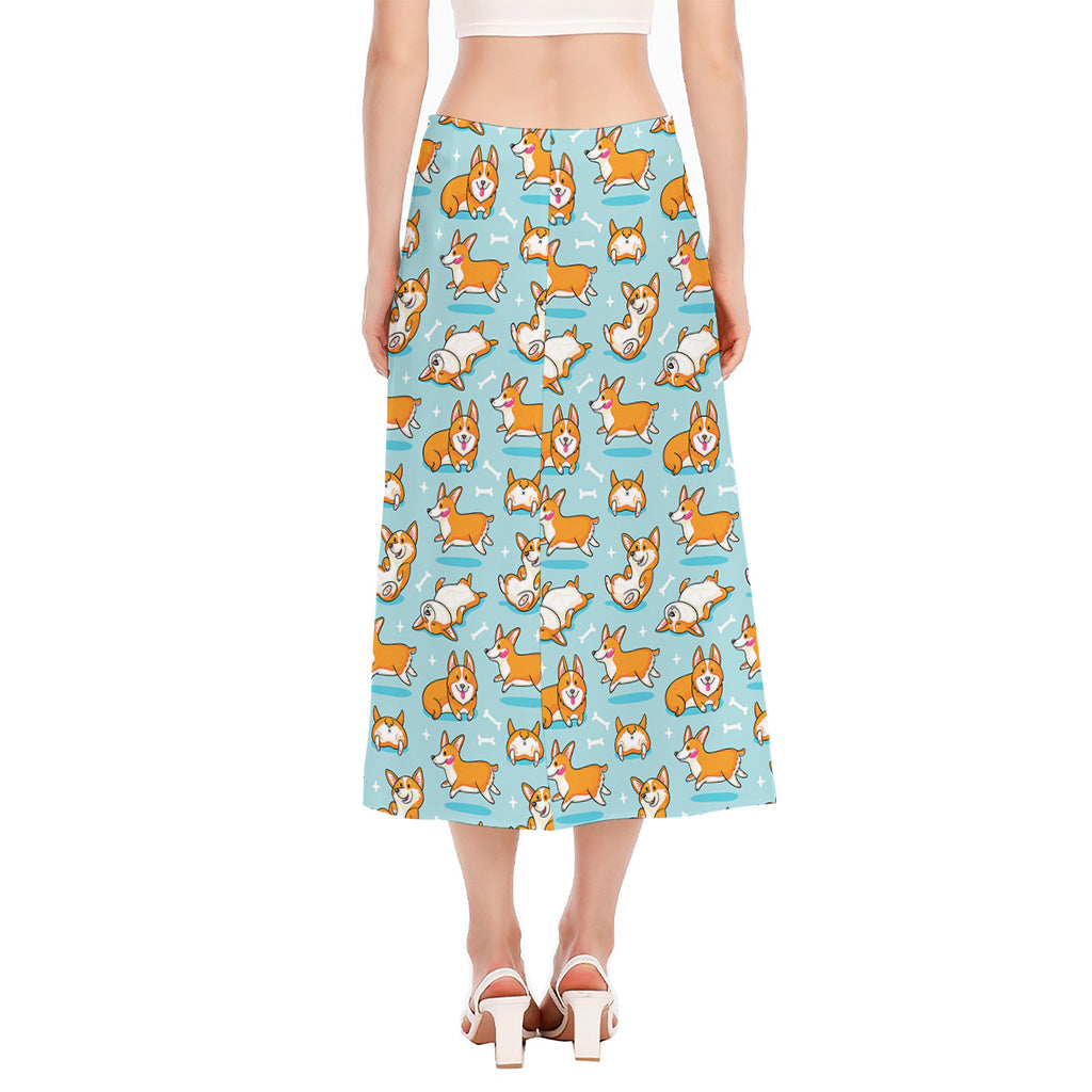 Happy Corgi Pattern Print Side Slit Midi Skirt