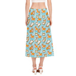 Happy Corgi Pattern Print Side Slit Midi Skirt