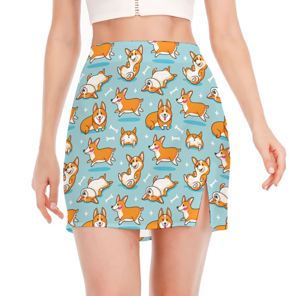 Happy Corgi Pattern Print Side Slit Mini Skirt