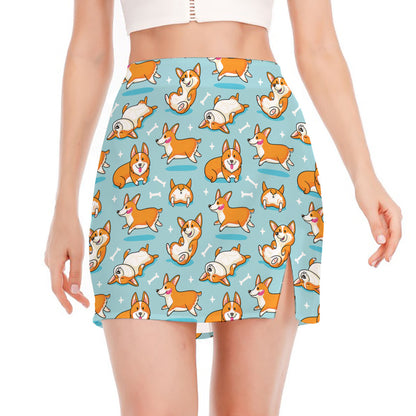 Happy Corgi Pattern Print Side Slit Mini Skirt