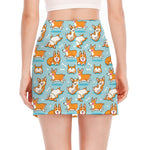 Happy Corgi Pattern Print Side Slit Mini Skirt