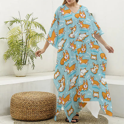 Happy Corgi Pattern Print Silk V-Neck Kaftan Dress