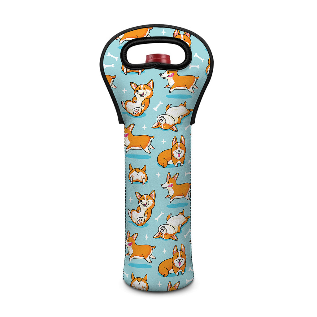 Happy Corgi Pattern Print Single Neoprene Wine Tote