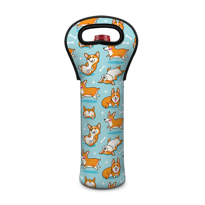 Happy Corgi Pattern Print Single Neoprene Wine Tote