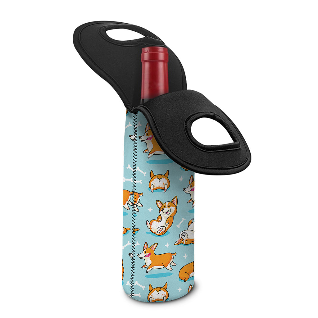 Happy Corgi Pattern Print Single Neoprene Wine Tote