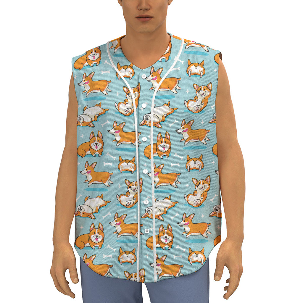 Happy Corgi Pattern Print Sleeveless Baseball Jersey