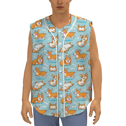 Happy Corgi Pattern Print Sleeveless Baseball Jersey