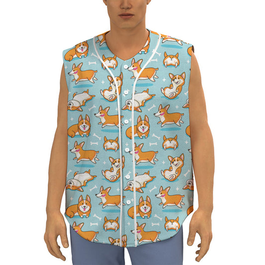 Happy Corgi Pattern Print Sleeveless Baseball Jersey