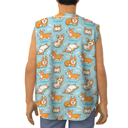 Happy Corgi Pattern Print Sleeveless Baseball Jersey