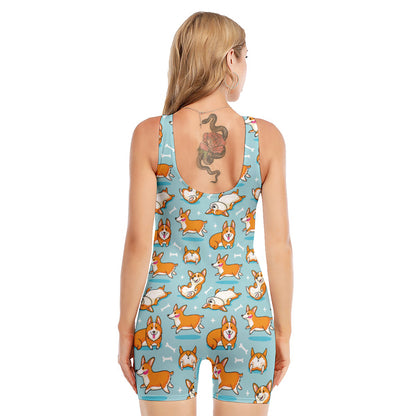 Happy Corgi Pattern Print Sleeveless One Piece Swimsuit