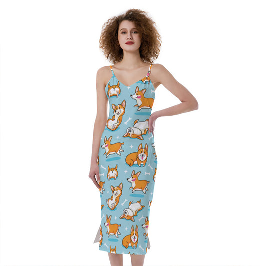 Happy Corgi Pattern Print Slim Fit Midi Cami Dress