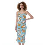Happy Corgi Pattern Print Slim Fit Midi Cami Dress
