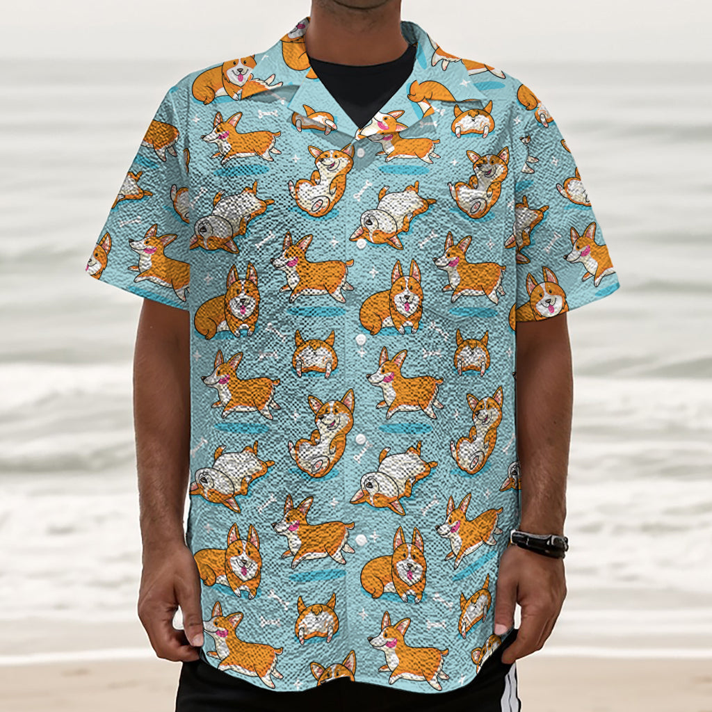 Happy Corgi Pattern Print Textured Short Sleeve Shirt